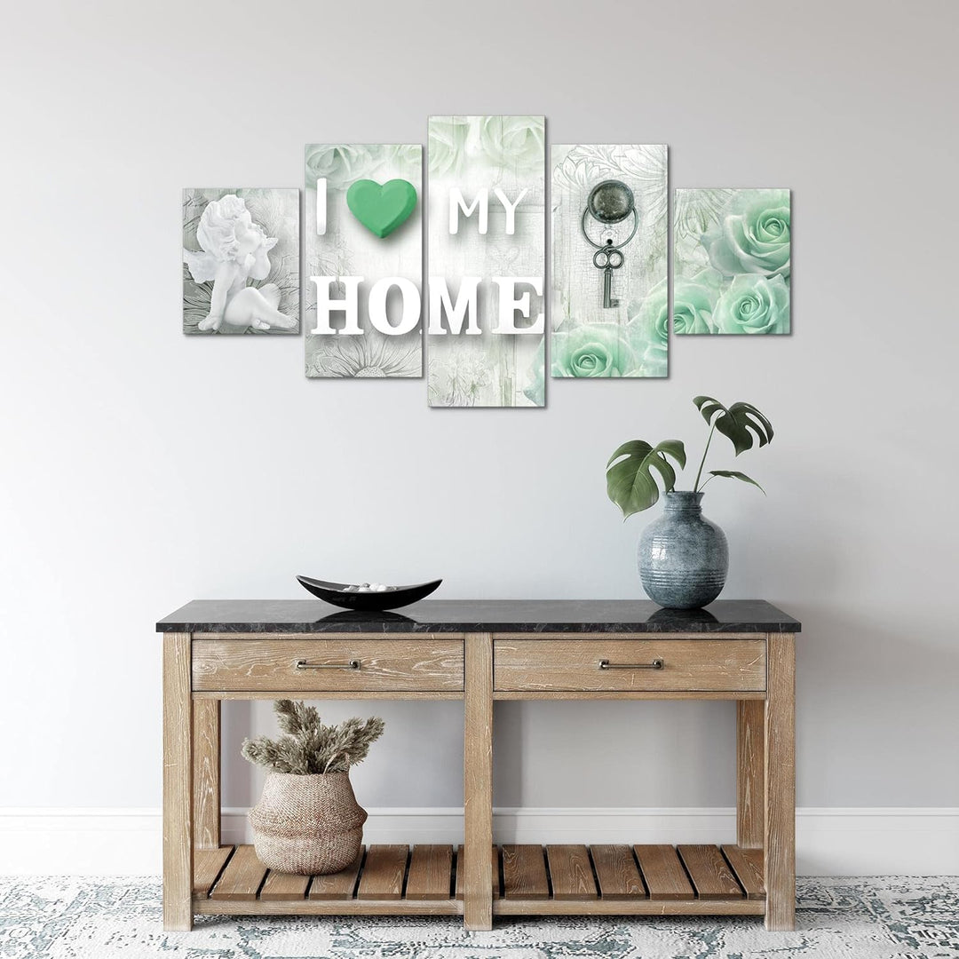 Runa Art Wandbilder Home Herz 5 Teilig Bild auf Vlies Leinwand Deko Wohnzimmer Holz Grau Grün 026252