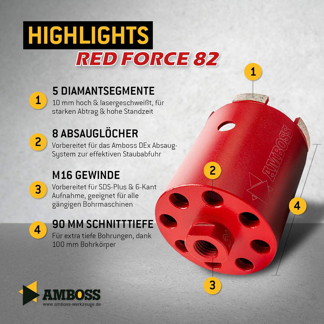 Diamant Dosensenker Ø 82 mm / M16 / DEX System / 90mm Nutzlänge - Amboss Red Force Premium für Mauer