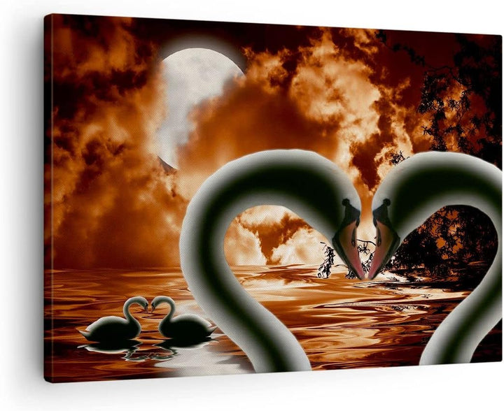 Bilder auf Leinwand Schwäne Nacht Liebe Leinwandbild mit Rahmen 70x50cm Wandbilder Dekoration Wohnzi