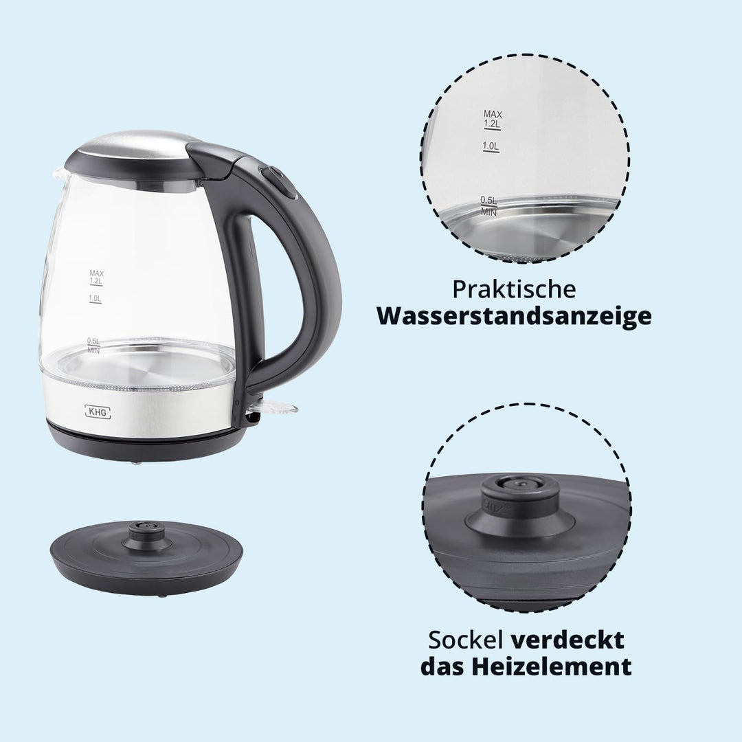 KHG Wasserkocher WK-121GES Glas LED, 1,2 Liter, abwaschbarer Kalkfilter, Wasserstandsanzeige, Öffnen