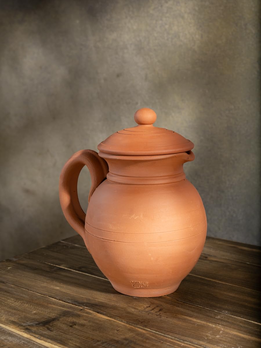 Village Decor Handgefertigter irdener Lehm-Wasserkrug mit Deckel | Tonkrug 100 oz 3000 ml