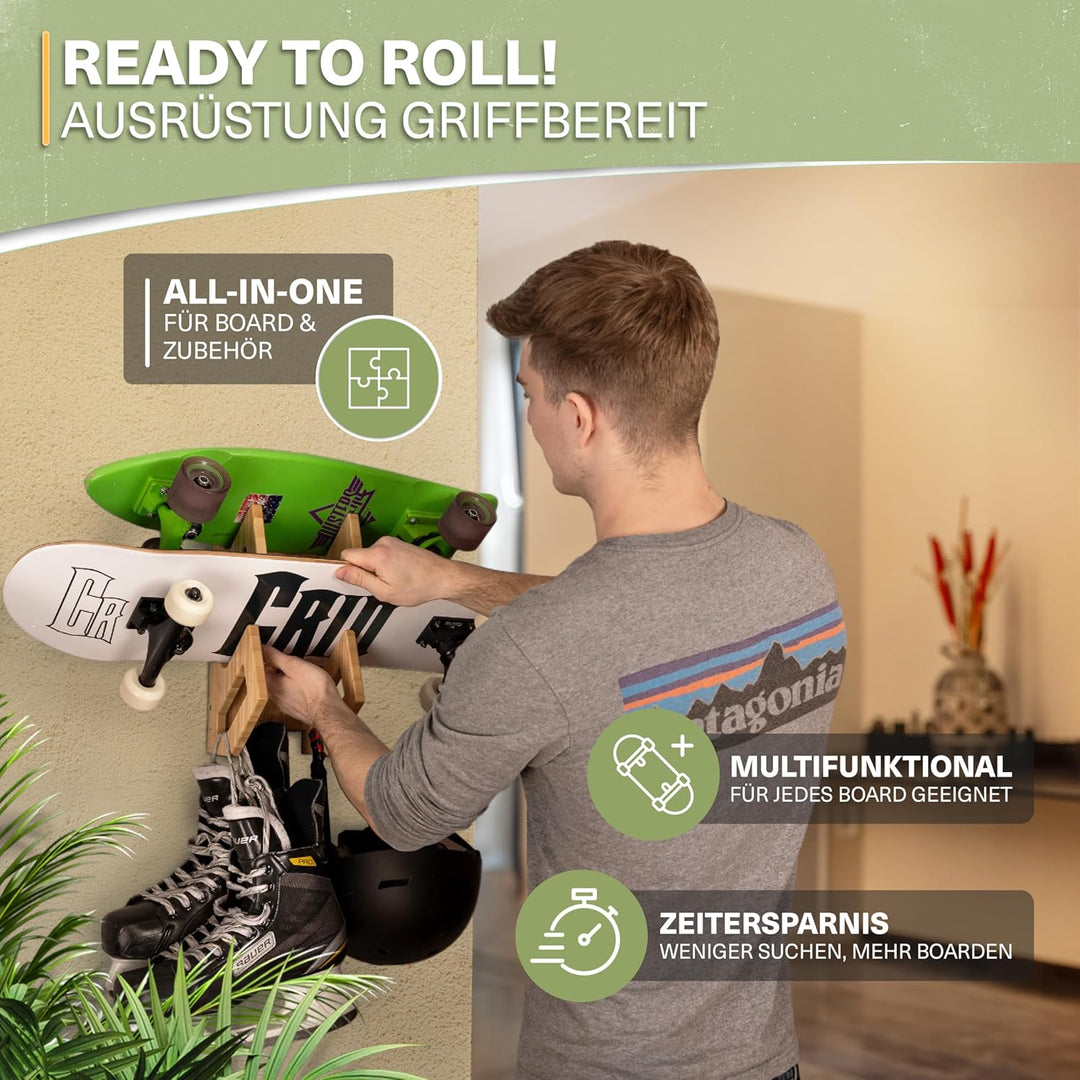 CRID Doppel Skateboard Wandhalterung aus Bambus - Universal Halterung für Skateboard, Longboard, Sno