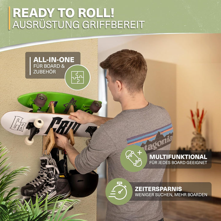 CRID Doppel Skateboard Wandhalterung aus Bambus - Universal Halterung für Skateboard, Longboard, Sno
