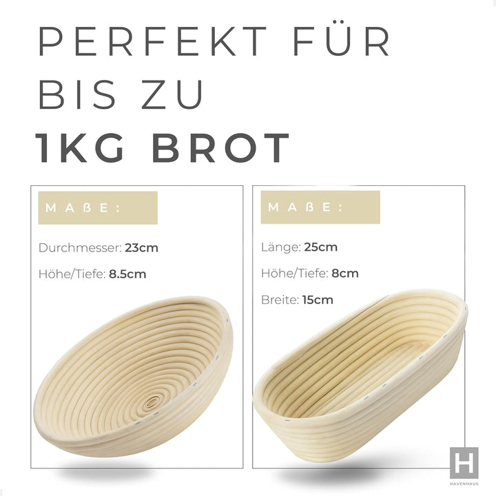 Gärkörbchen 2er Set oval & rund | Rattan Gärungskorb oval & rund für 1kg Teig mit praktischem Zubehö