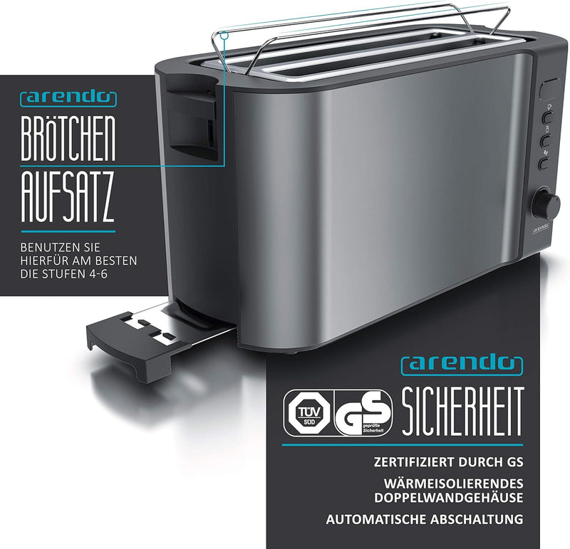 Arendo - Edelstahl Toaster Langschlitz 4 Scheiben - Defrost Funktion - wärmeisolierendes Gehäuse - m