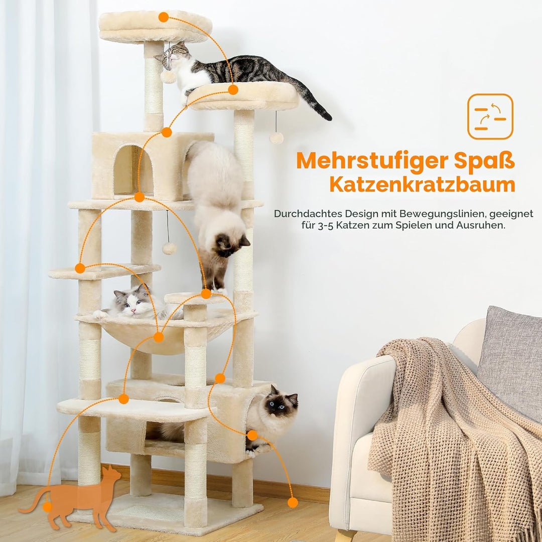 PAWZ Road Kratzbaum Grosse Katzen Stabil, 184 cm hoch, 7 Sisalpfosten, Grosser Sitzstange, Höhle, Kö
