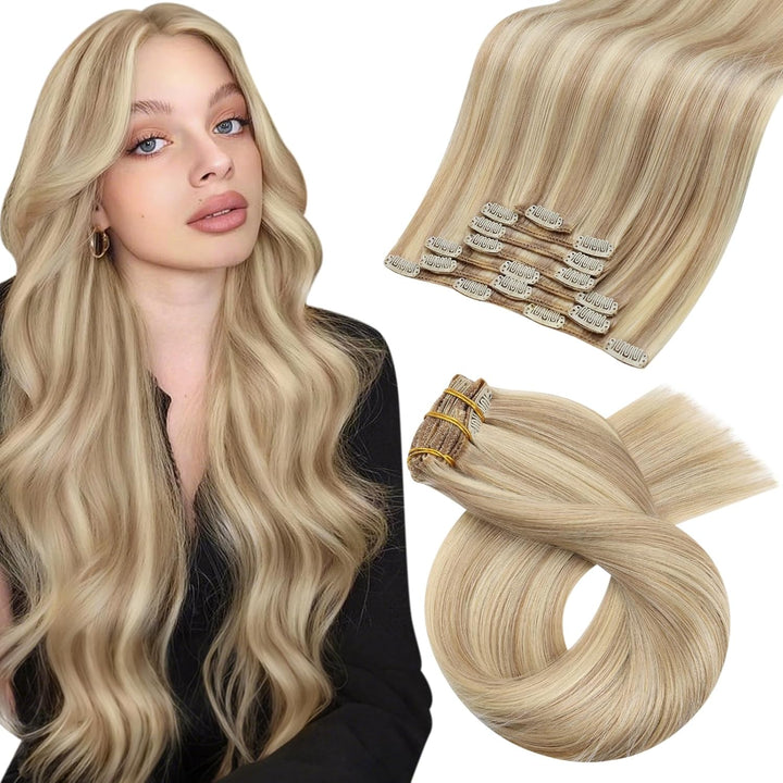 Moresoo Clip in Extensions Echthaar Blond Extensions Clip Echthaar Remy Goldblond mit Mittelblond Ha