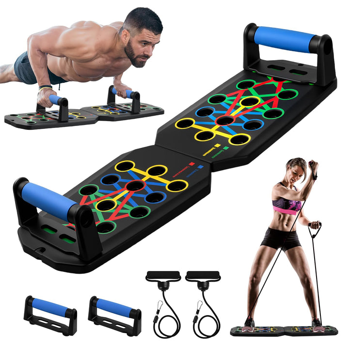 24 in 1 Liegestützbrett, Push Up Board mit Liegestützgriffe, 2 Spannseil, 20 Klebepads, Tasche, Lieg