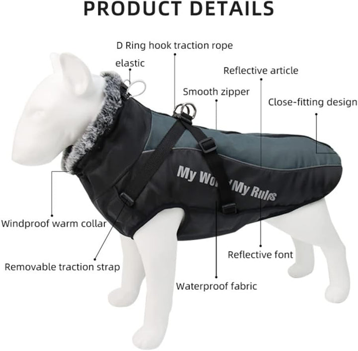 Hundejacke mit Geschirr,Gefütterte Hunde Winterjacke mit Leine wasserdichte Hunde-Winterjacke Wasser