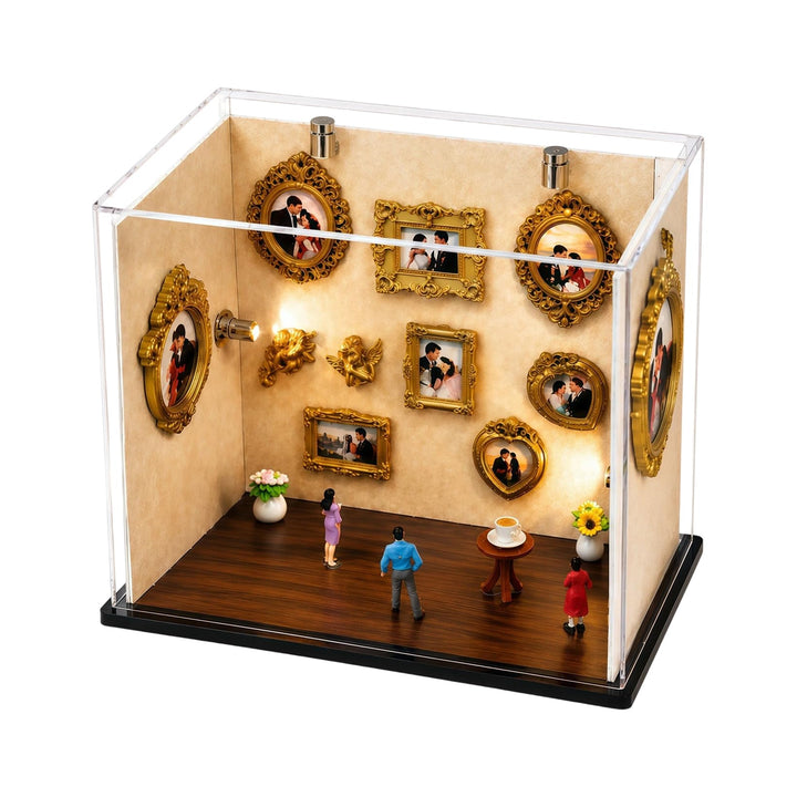 Mini Museum Bilderrahmen, 9 Stück Holz Schattenbilderrahmen Set mit 3 Miniaturfiguren und 4 LED Bele