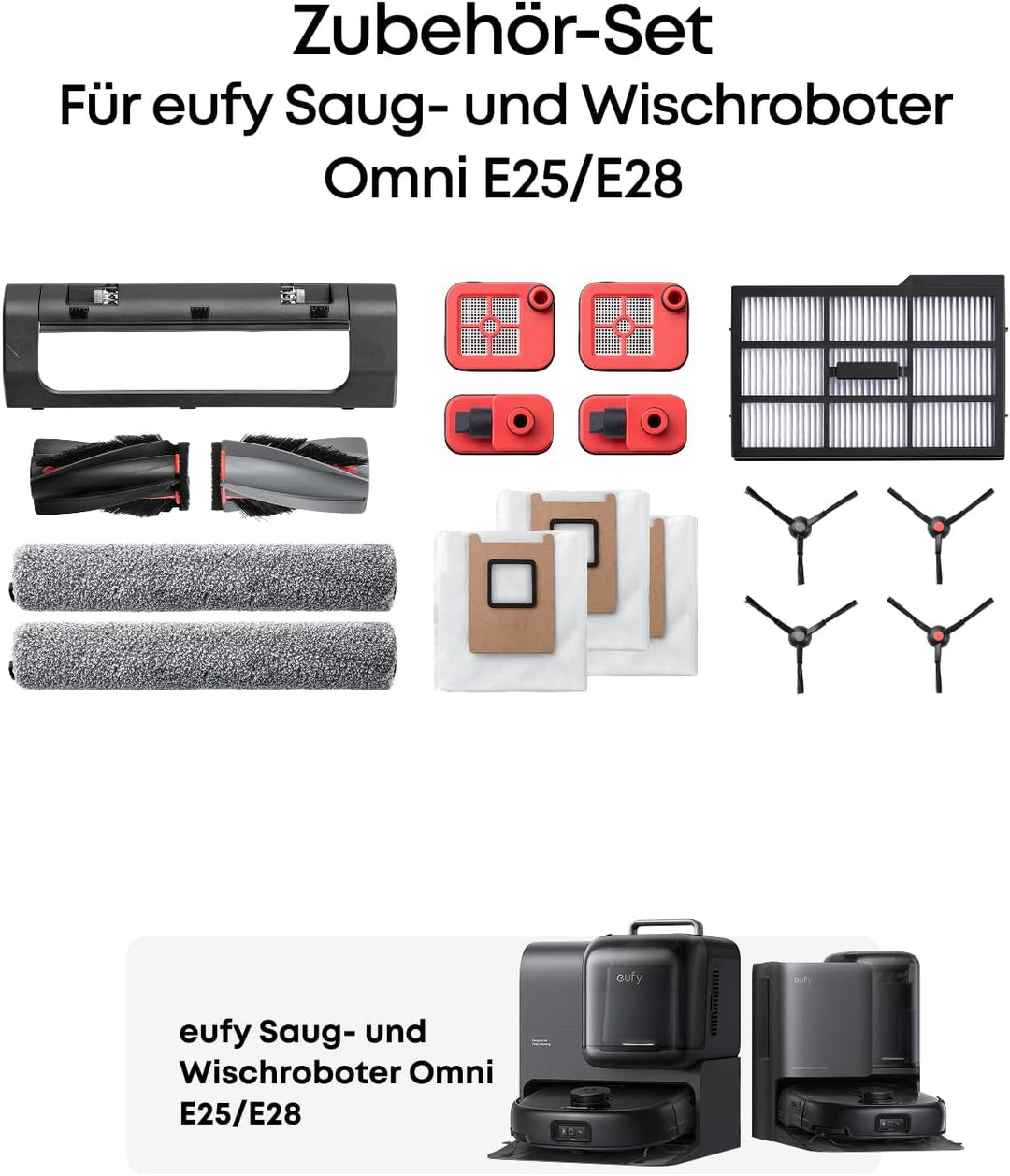 eufy Zubehörset, Seitenbürste, Filter, Rollbürste für eufy E25/E28 Omni Saugroboter, Staubbeutel &amp; S