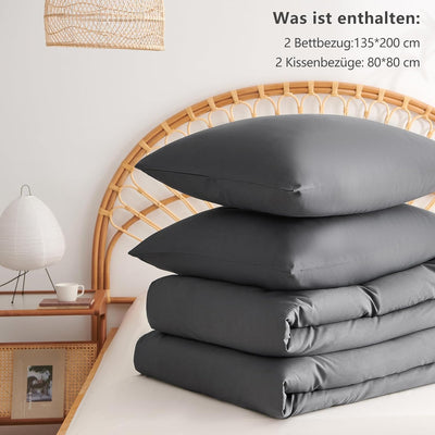 WAVVE Bettwäsche 135x200 4teilig Anthrazit - Bettbezüge 135 x 200 2er Set mit Kissenbezüge 80x80 cm,