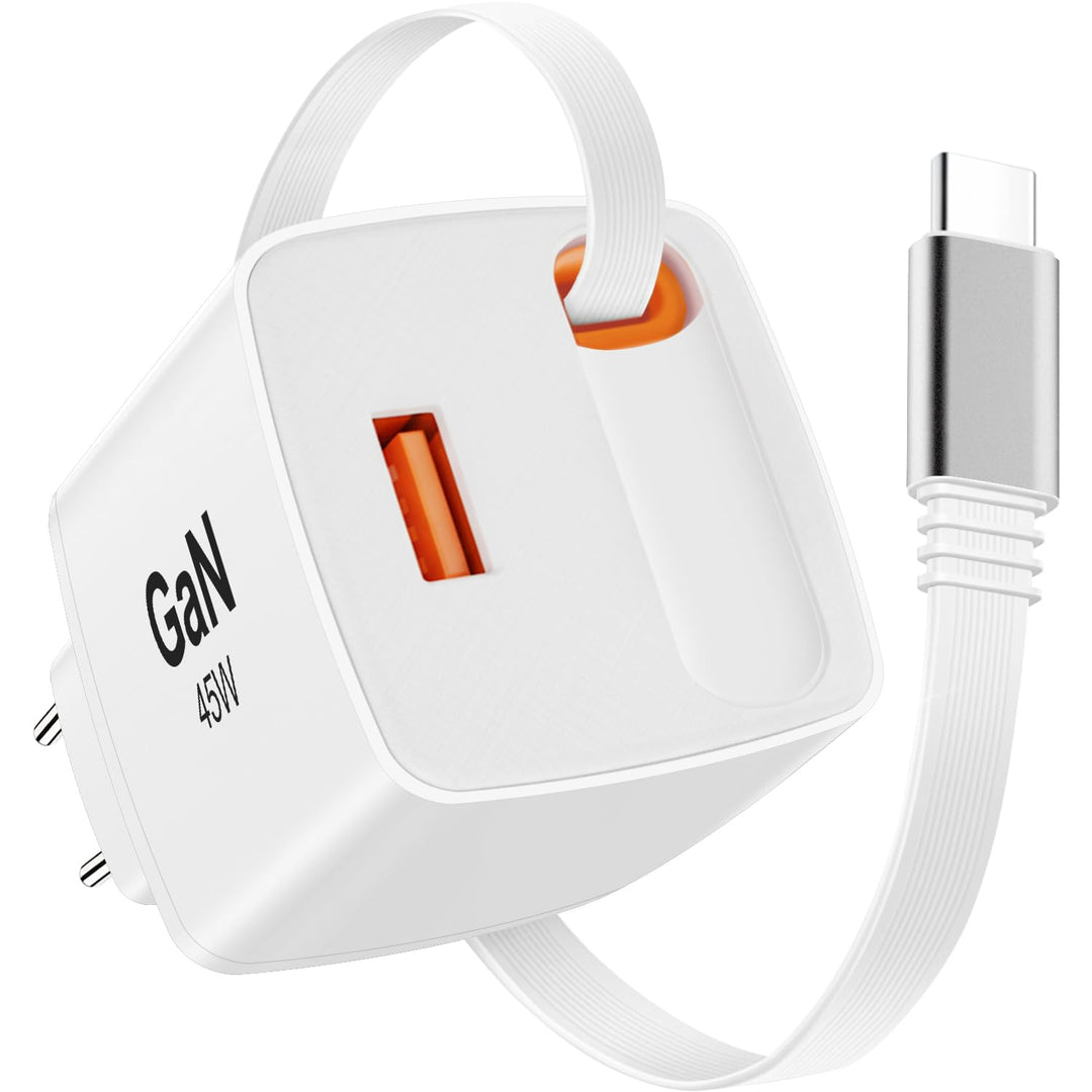 45W USB C Ladegerät mit Einziehbarem Kabel, GaN Schnellladegerät mit 2 Port, PPS Netzteil Kompatibel