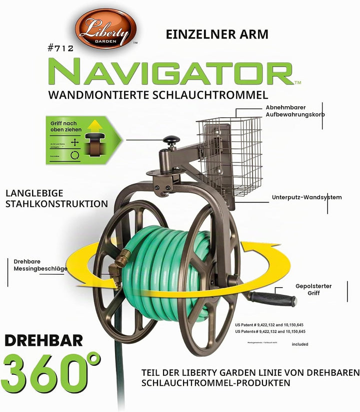 Liberty Garden 712 einarmiger Navigator, multidirektionale Gartenschlauchtrommel, hält 4,6 m, 1,6 cm