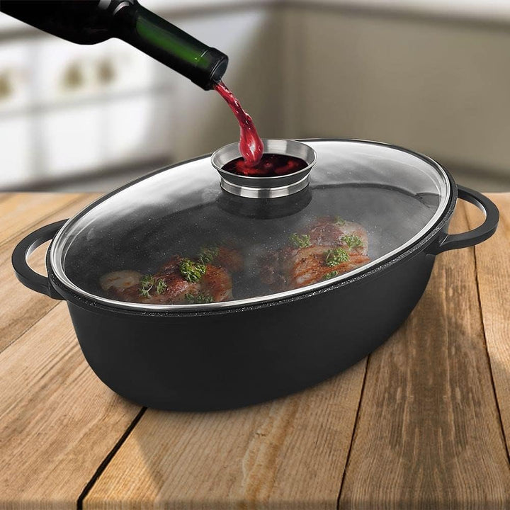 orion group Tiefe Granitbratpfanne Bratpfanne Granit Bräter Brattopf Kochtopf mit Glasdeckel 8 L Gra