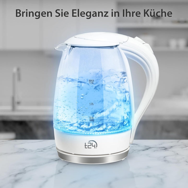 T24 LED Glas Wasserkocher 1,7 Liter mit LED-Beleuchtung, Wasserkocher Glas, Wasserkocher weiss, 2200
