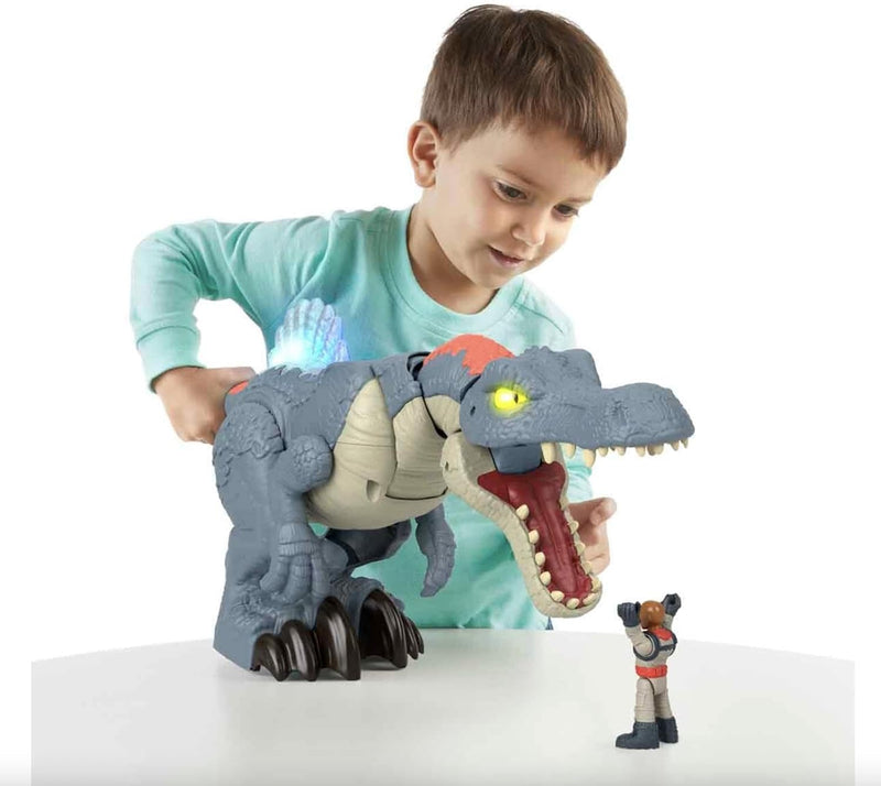 Imaginext Jurassic World Spielzeug-Dinosaurier, Ultra Snap Spinosaurus mit Licht, Geräuschen und Sch