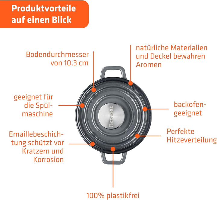 Berndes Serviertopf B.iron 0,75L mit Deckel - 14 cm - Gusseisen mit Emaillebeschichtung - Kochtopf z