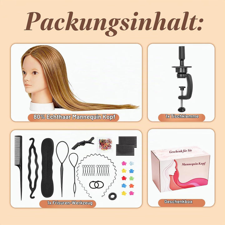 Yofuly 26Zoll/66cm Frisierkopf, 80% Echthaar Übungskopf, Make-up Frisieren Trainingsköpfe, Mannequin