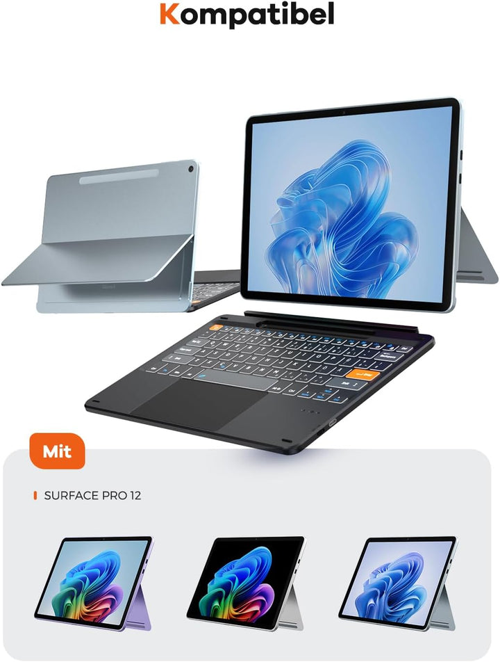 Doohoeek Bluetooth Tastatur für Surface Pro 12 2025, Kabellose Beleuchtete Tastatur, Ultraslim Keybo