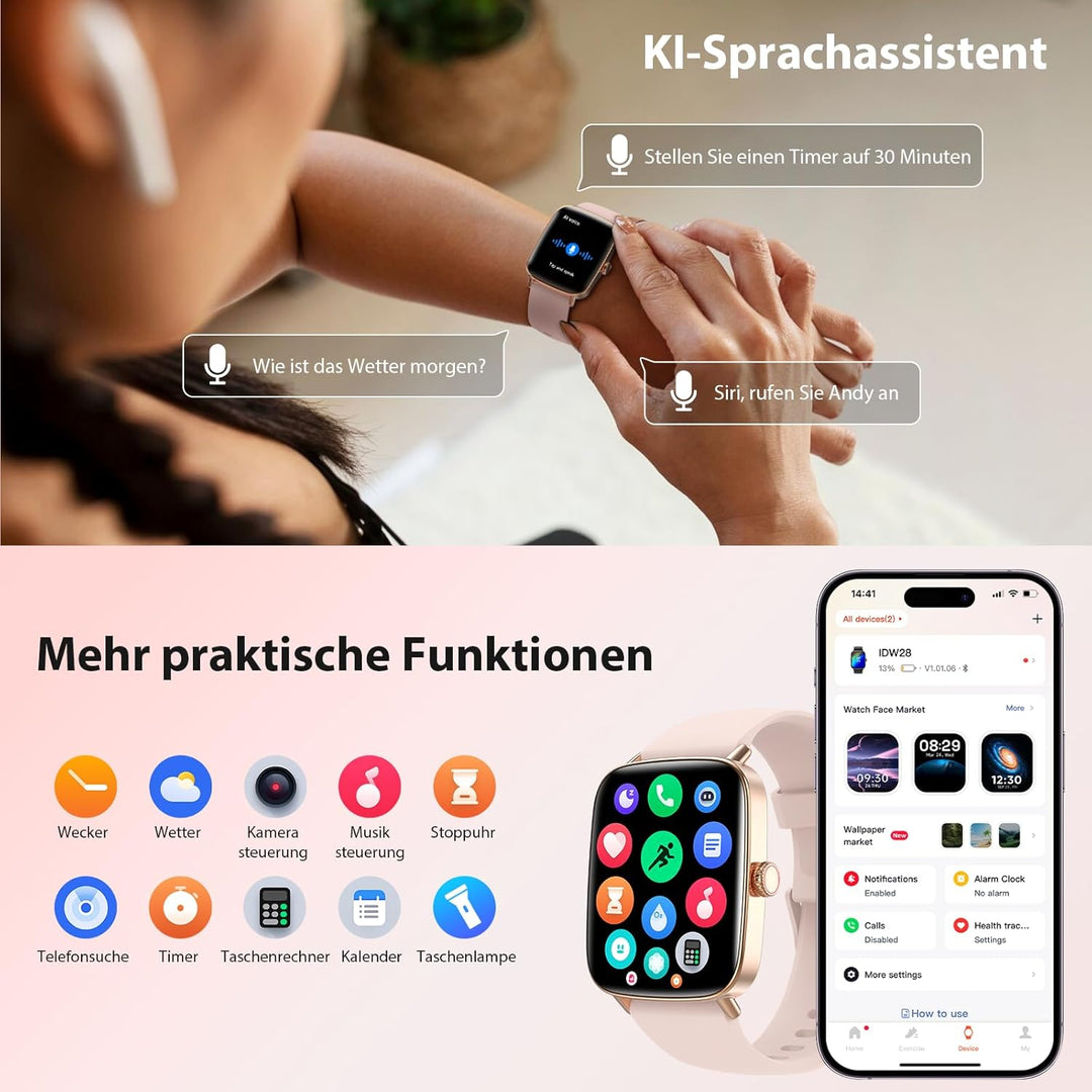 Yoever Smartwatch Damen mit Telefonfunktion - 1.85" Fitnessuhr Damen mit Herzfrequenz SpO2 Schlafmon