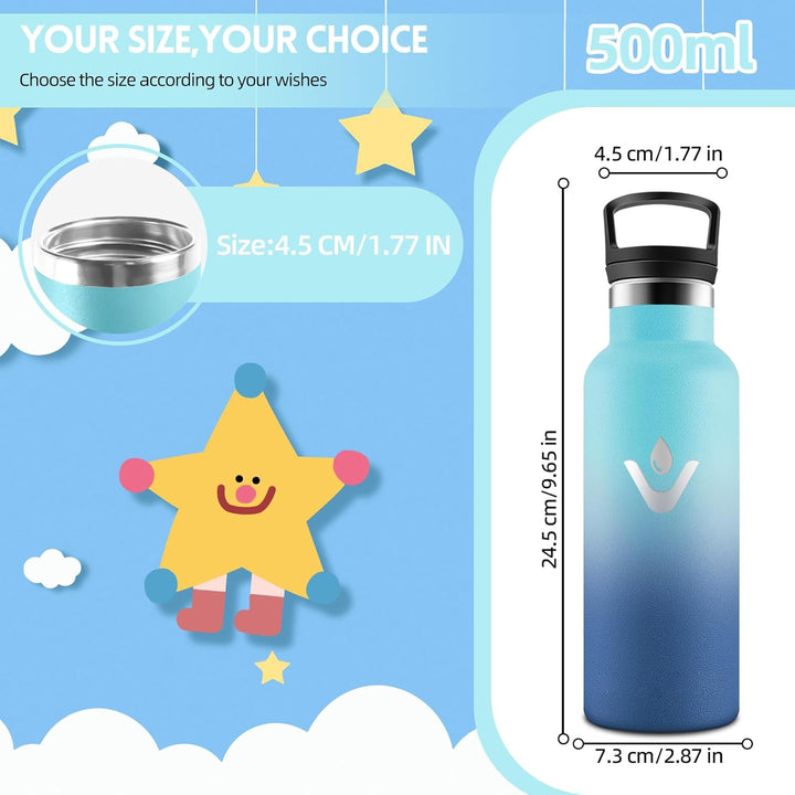 Motswedi Edelstahl Trinkflasche Kinder, 500 ml Auslaufsicher, Thermosflasche, Mit 2 Deckeln und Stro