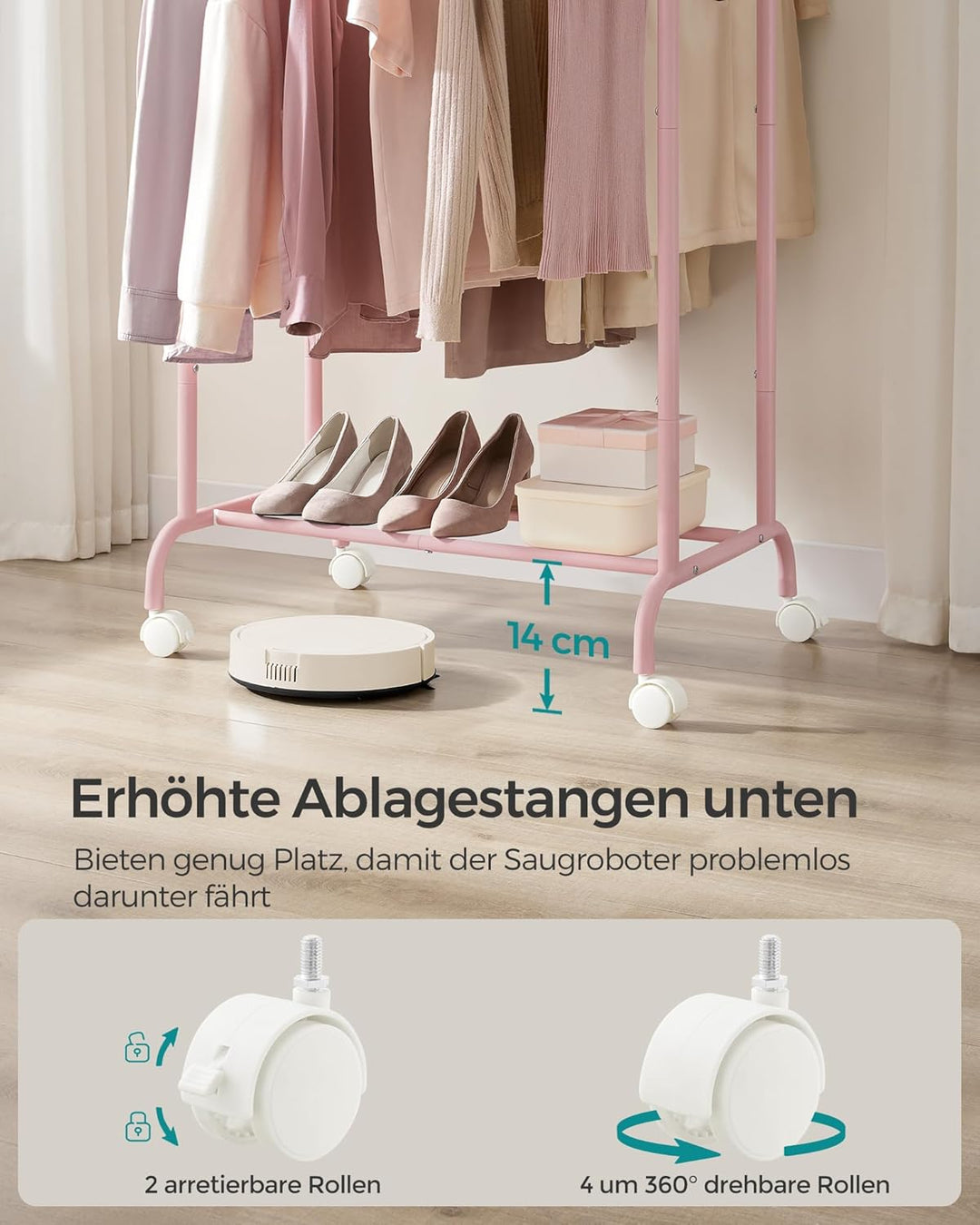 SONGMICS Kleiderständer auf Rollen, doppelte Stangen, ausziehbare Kleiderstangen, Garderobenständer