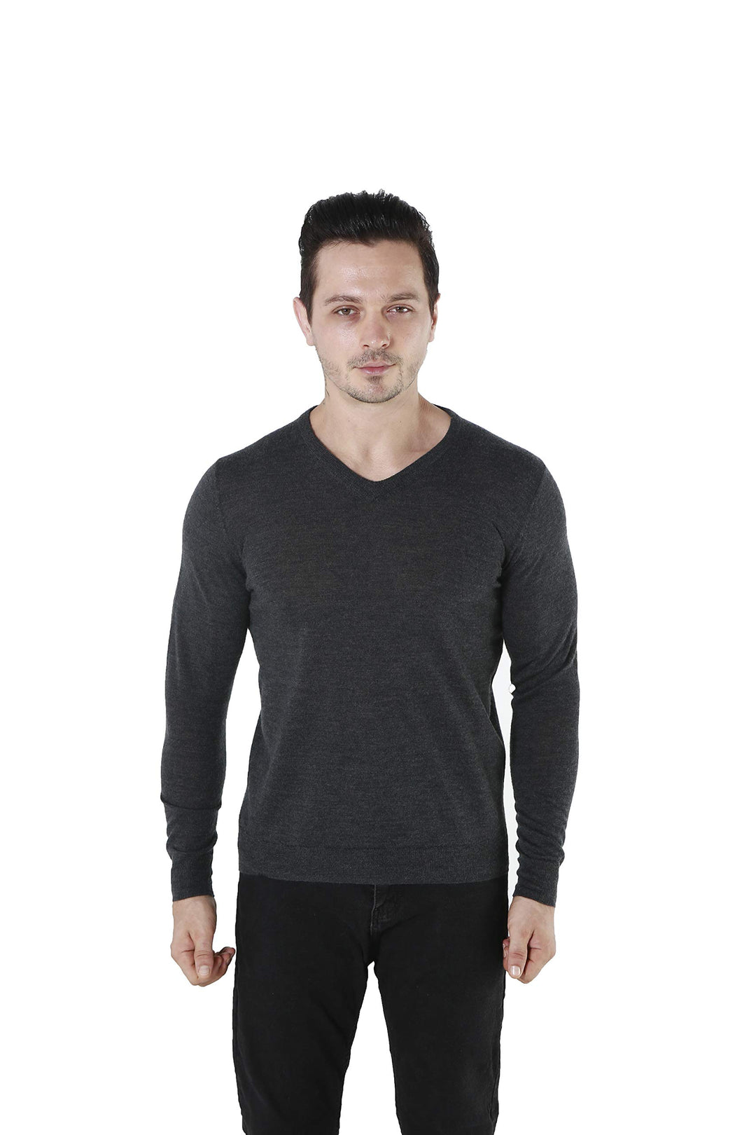Men's 100% Extrafine Merino Wool Knited Long Sleeve Pullover with V-Neck M Charcaol, M Charcaol