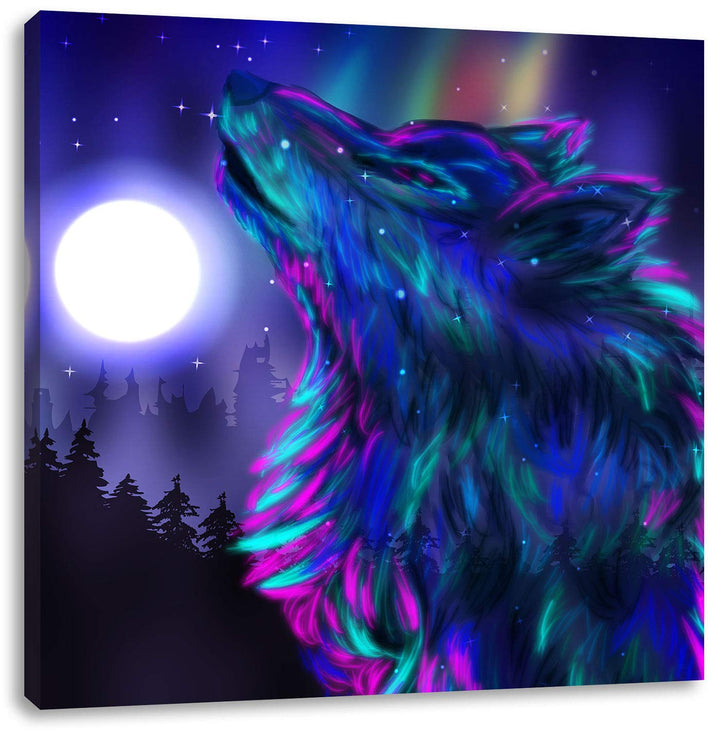 Abstrakter Wolf mit Mond, Format: 70x70 auf Leinwand, XXL riesige Bilder fertig gerahmt mit Keilrahm
