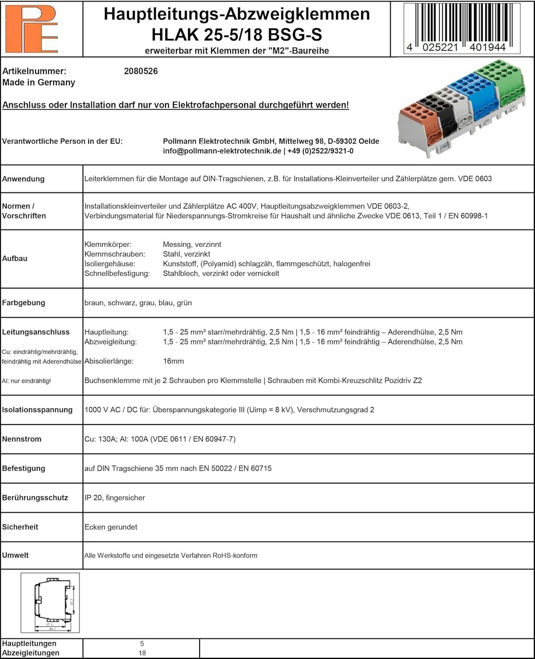 Pollmann Hauptleitungs-Abzweigklemme HLAK 25-5/18 BSG-S, 1 Stück