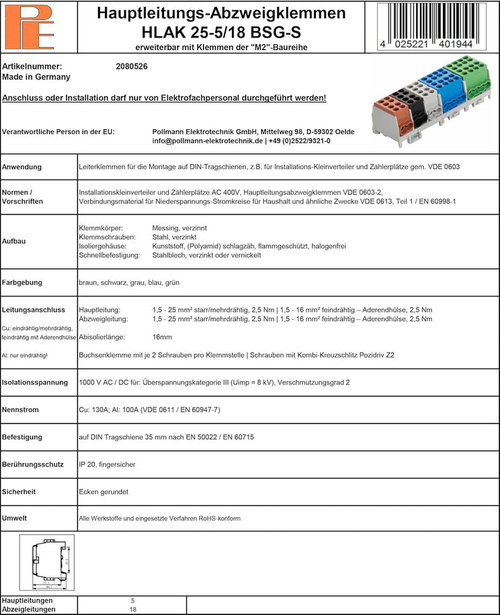 Pollmann Hauptleitungs-Abzweigklemme HLAK 25-5/18 BSG-S, 1 Stück
