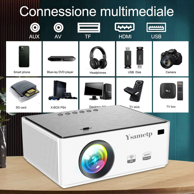 Mini-Projektor 5G+WiFi Full HD 1080P Video Projector, 8000L tragbarer Filmprojektor für zu Hause kom