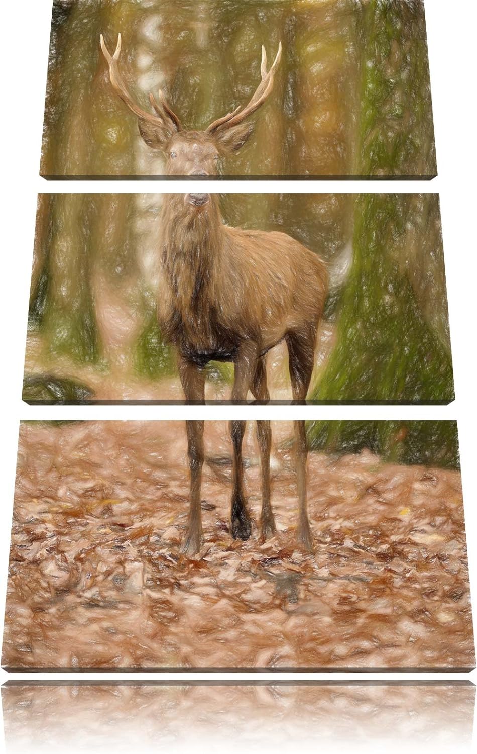 Pixxprint Schöner Hirsch im Wald Bunstift Effekt 3-Teiler Leinwandbild 120x80 Bild auf Leinwand