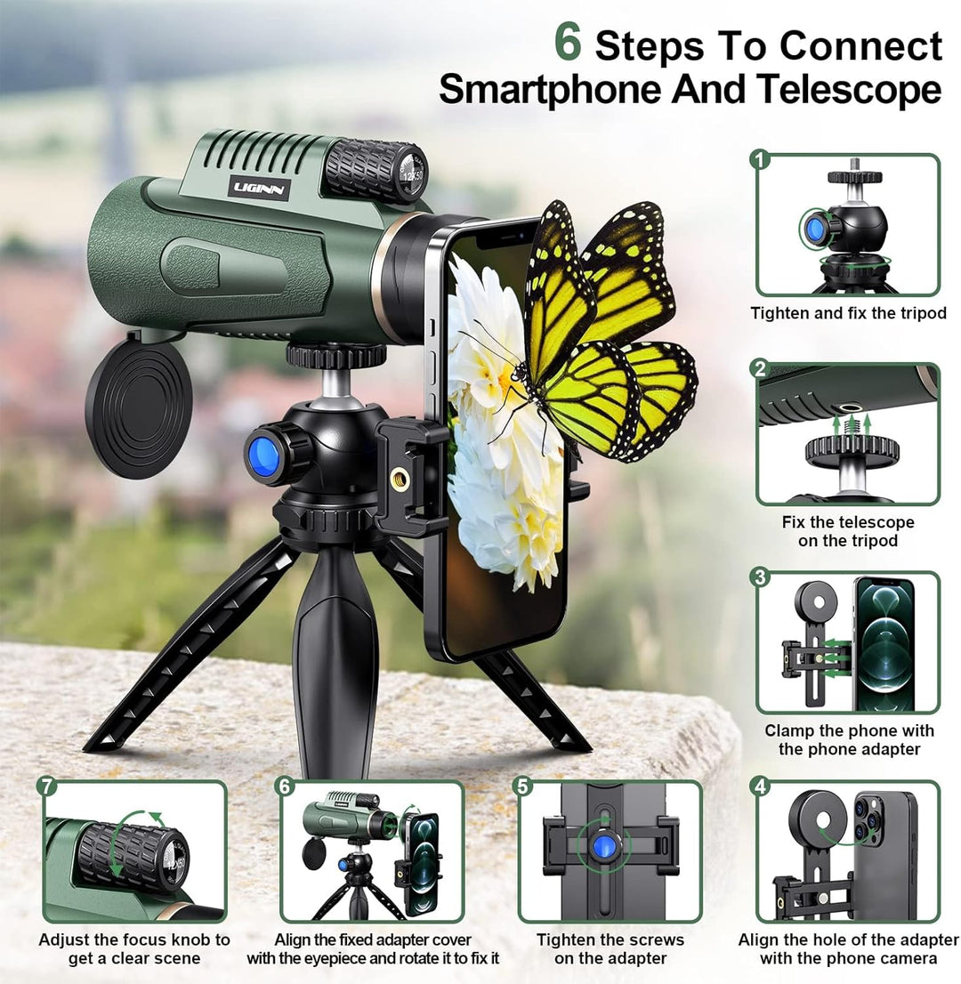 Monokular Teleskop 12x50, HD Monokulars Fernglas mit Smartphone Halterung Stativ, FMC BAK4 Prisma Wa