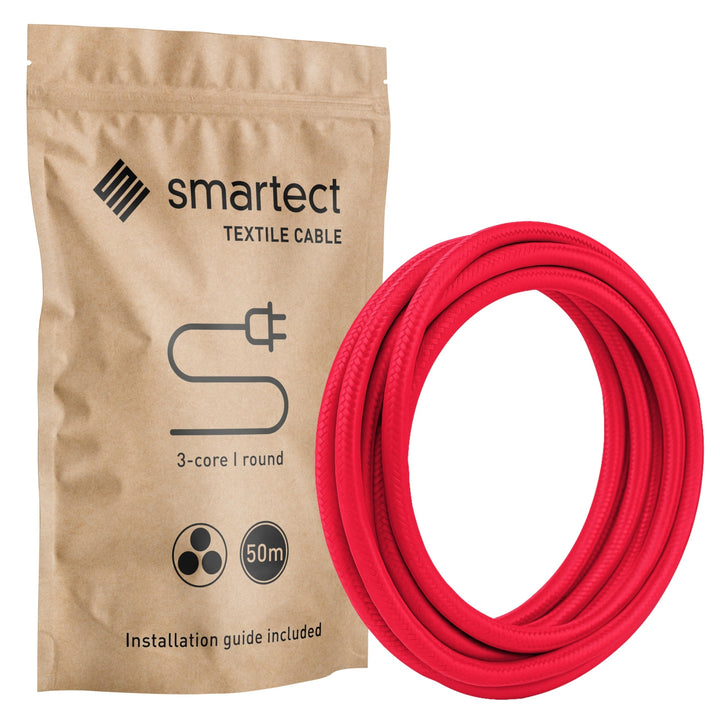 smartect Textilkabel 3-Adrig (3 x 0.75 mm²) Rot, 50 Meter | Vintage Lampenkabel Stoff, Stromkabel te