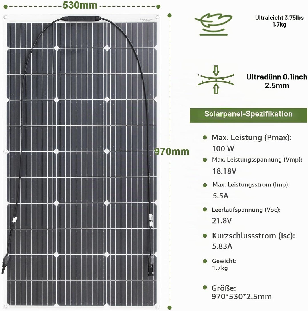 100W Solarpanel 18V Flexibel Solarmodul Monokristallin Leicht für Outdoor Aufladung Spitzenposition