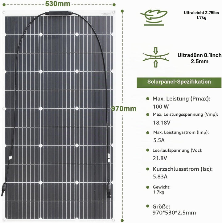 100W Solarpanel 18V Flexibel Solarmodul Monokristallin Leicht für Outdoor Aufladung Spitzenposition