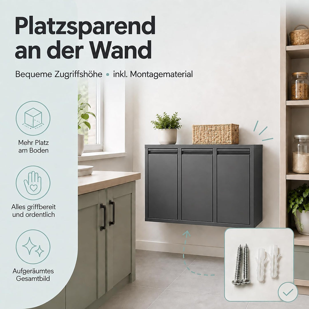 Relaxdays Mülleimer, 3 Fächer, 3x10 l, anthrazit, Anthrazit