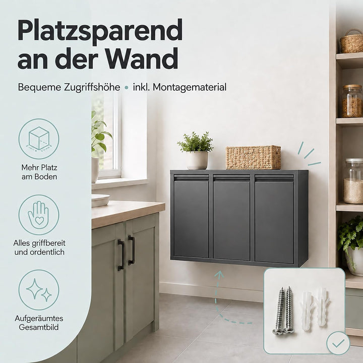 Relaxdays Mülleimer, 3 Fächer, 3x10 l, anthrazit, Anthrazit