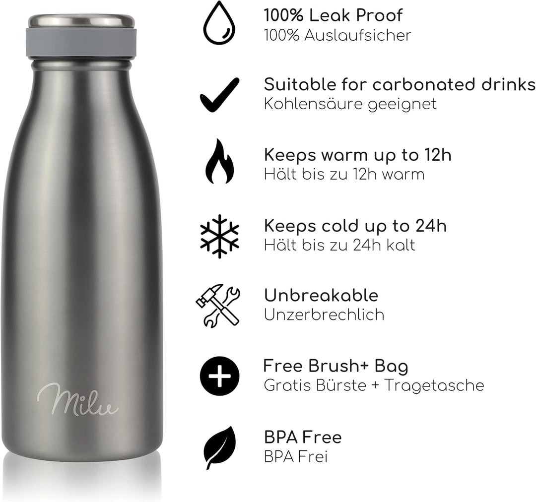 Milu Edelstahl Trinkflasche 350ml, 500ml, 750ml, 1L, 1,5L – Thermosflasche für Kinder Erwachsene aus