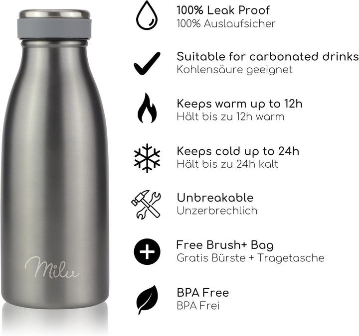 Milu Edelstahl Trinkflasche 350ml, 500ml, 750ml, 1L, 1,5L – Thermosflasche für Kinder Erwachsene aus