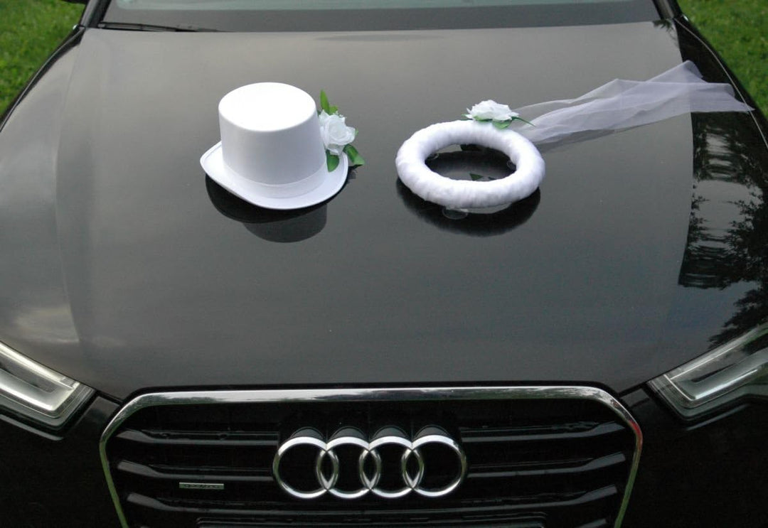 Schleier UND Hut Autoschmuck Rose Car Dekoration Hochzeit Wedding ®Auto-schmuck (Reinweiss/Weiss) Re