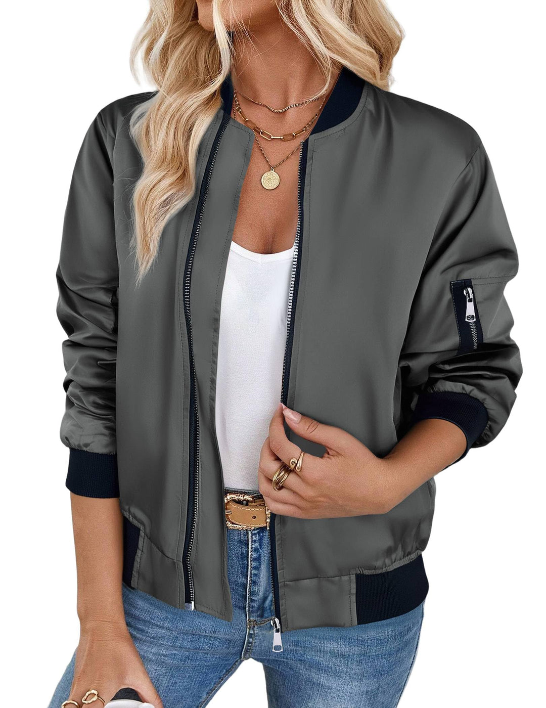 Zeagoo Bomberjacke Damen Kurz Blouson Jacket leichte Fliegerjacke Langarm Casual Frühling Pilotenjac