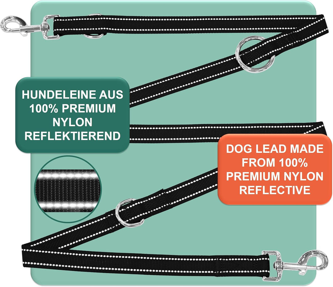 DEY - Premium Hundeleine Nylon 2m | Reflektierend | 3fach Verstellbar | für Kleine, Mittelgrosse u.