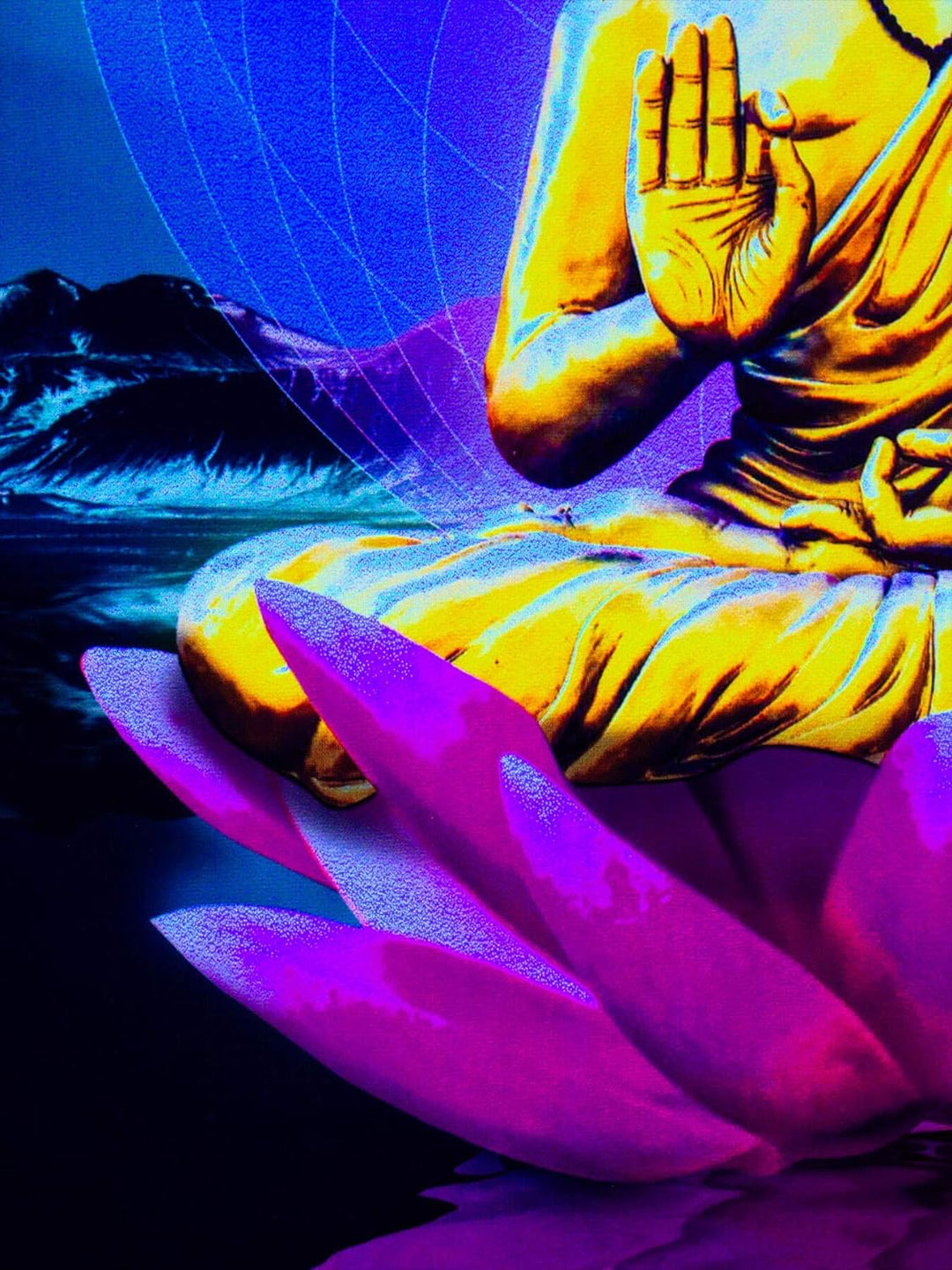 PSYWORK Schwarzlicht Stoffposter Neon | Sacred Lotus Buddha | 0,5 x 0,7m | UV-aktiv | fluoreszierend