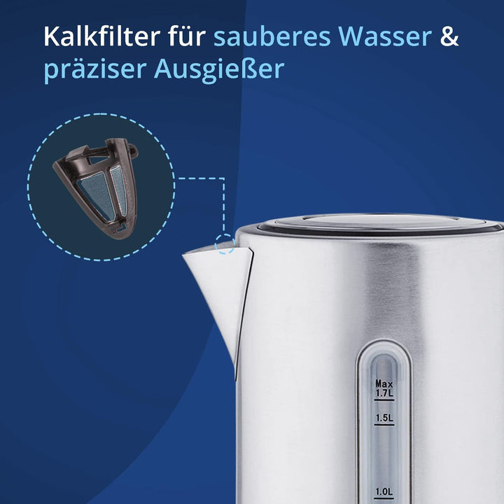 KHG Wasserkocher WK-1703 ES Edelstahl, 1,7 Liter, 5 Temperaturstufen 50-100°C, Kalkfilter, Wassersta