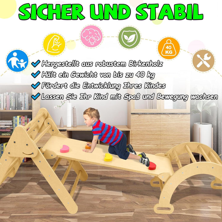 Froadp Klettergerüst Indoor 3-in-1 mit Rutsche und Kletterbogen Kletterdreieck aus Naturholz Klappba