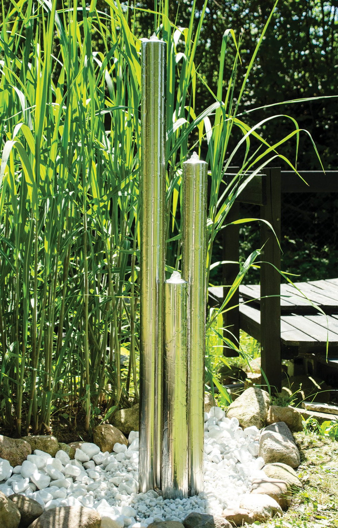 Köhko Springbrunnen 22007N aus gebürstetem Edelstahl mit LED-Beleuchtung und DREI Säulen mit untersc
