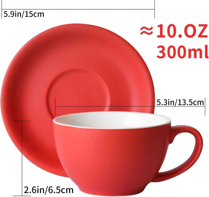 Yundu Latte-Tasse und Untertasse, Porzellan, 294 ml, für Cappuccino, Tee, Café, Mokka, 4 Stück, matt