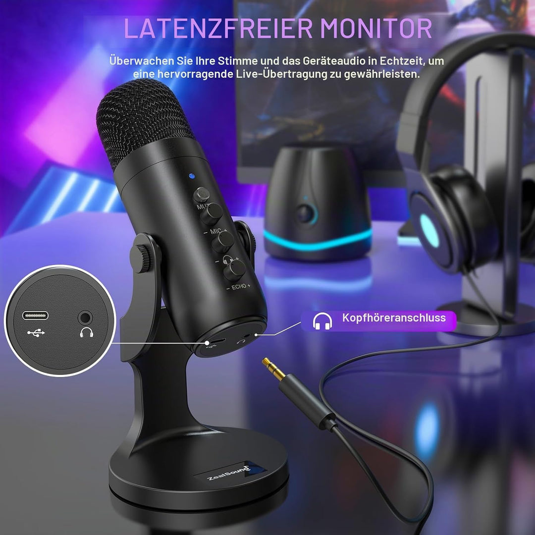 zealsound USB Mikrofon - Kondensatormikrofon für PC und Handy, mit Stummschaltung, Rauschunterdrücku